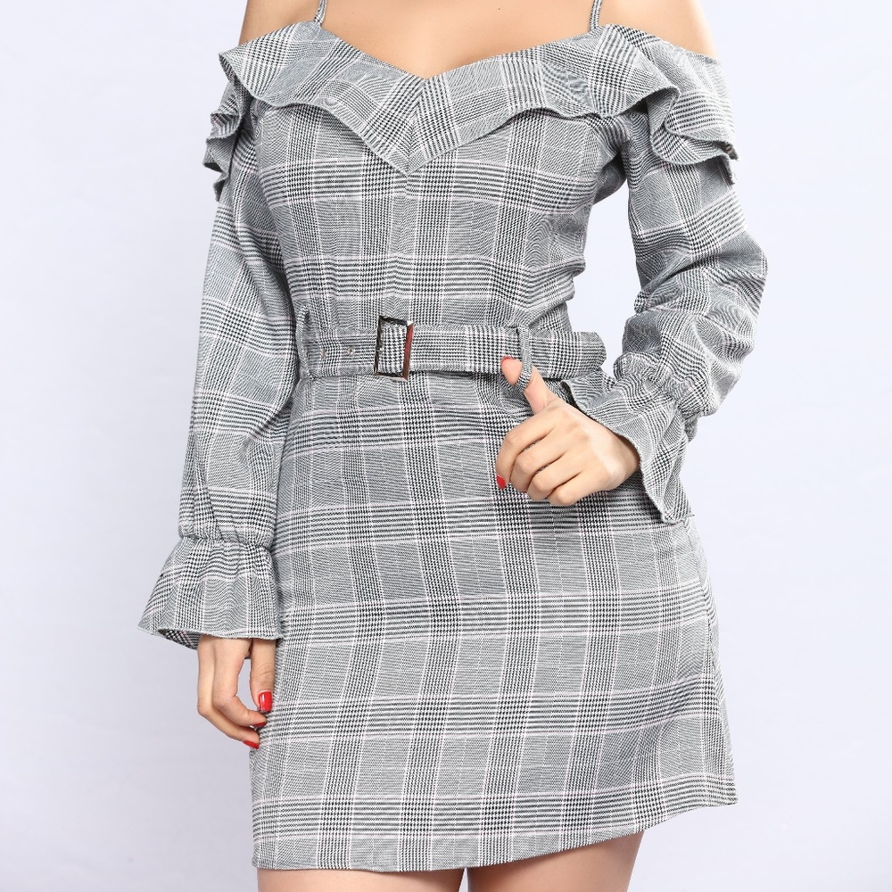FashionNova Gray Plaid Cold Shoulder Dress in L